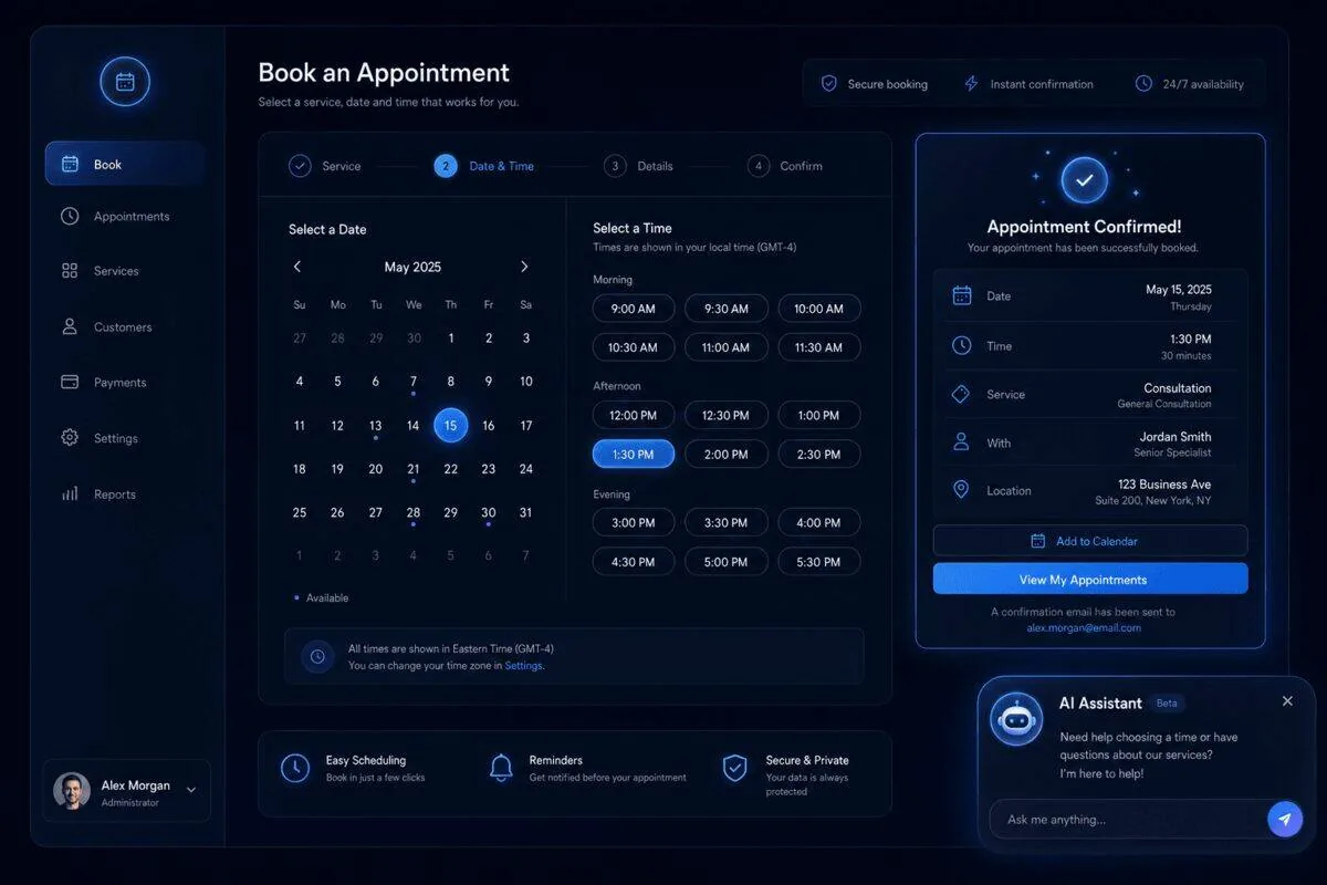Dark-mode booking and scheduling interface mockup with an AI chat assistant