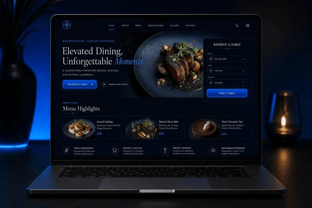 Dark-mode restaurant website mockup with an integrated reservation widget